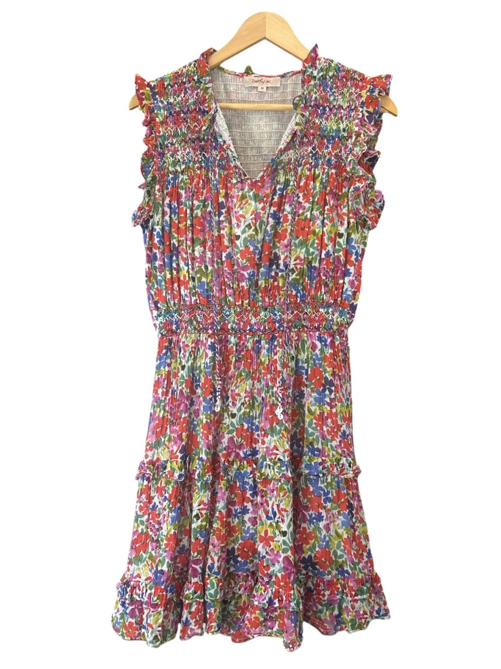 Derhy‎ Pink Multi Floral Smocked Mini Dress Flutter Sleeve Boho Size Medium - Picture 2 of 10